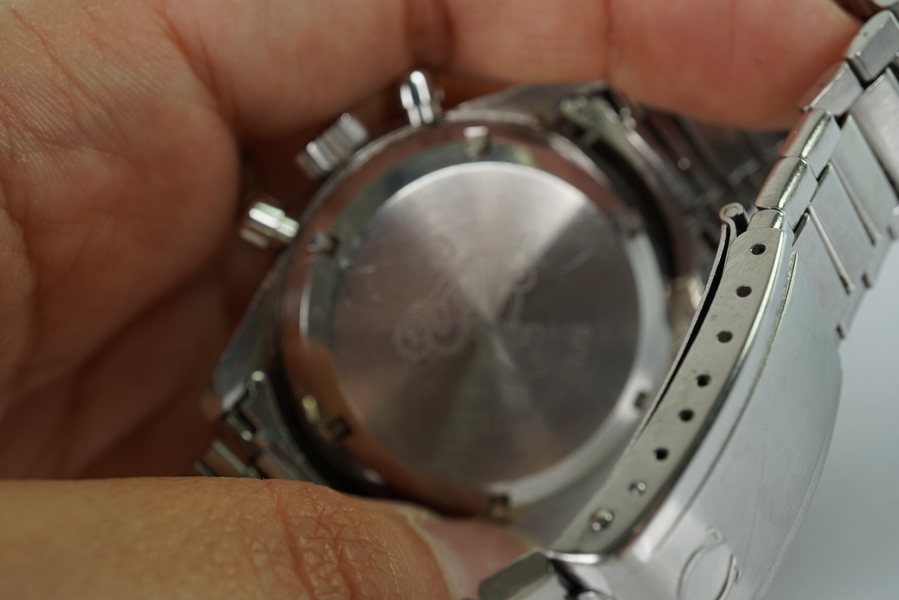 A gentleman's early 1967 stainless steel Omega Speedmaster 'Ed White' pre moon chronograph manual wind wrist watch